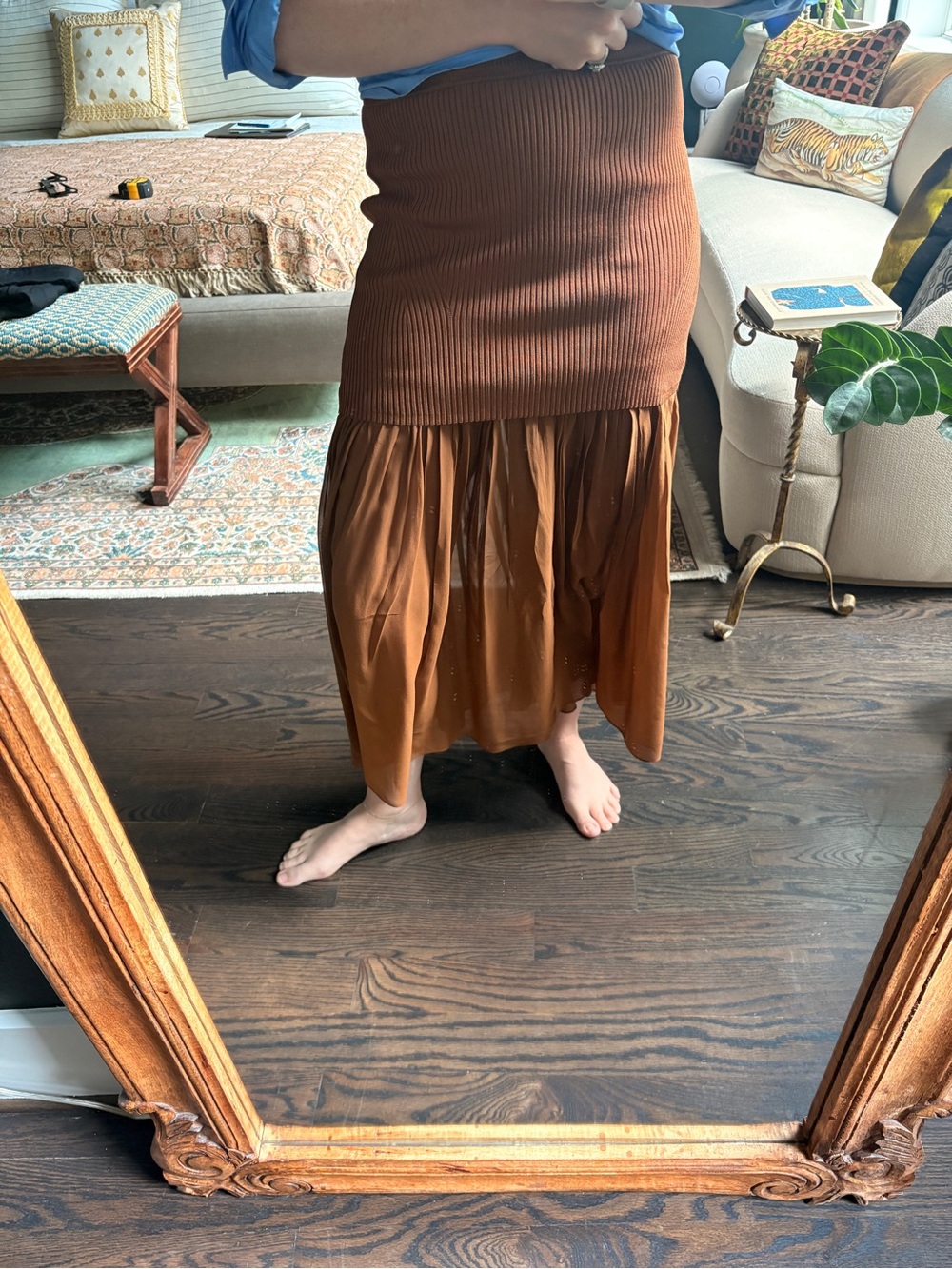 A.L.C. Ribbed Knit & Satin Maxi Skirt in Rust Brown Medium